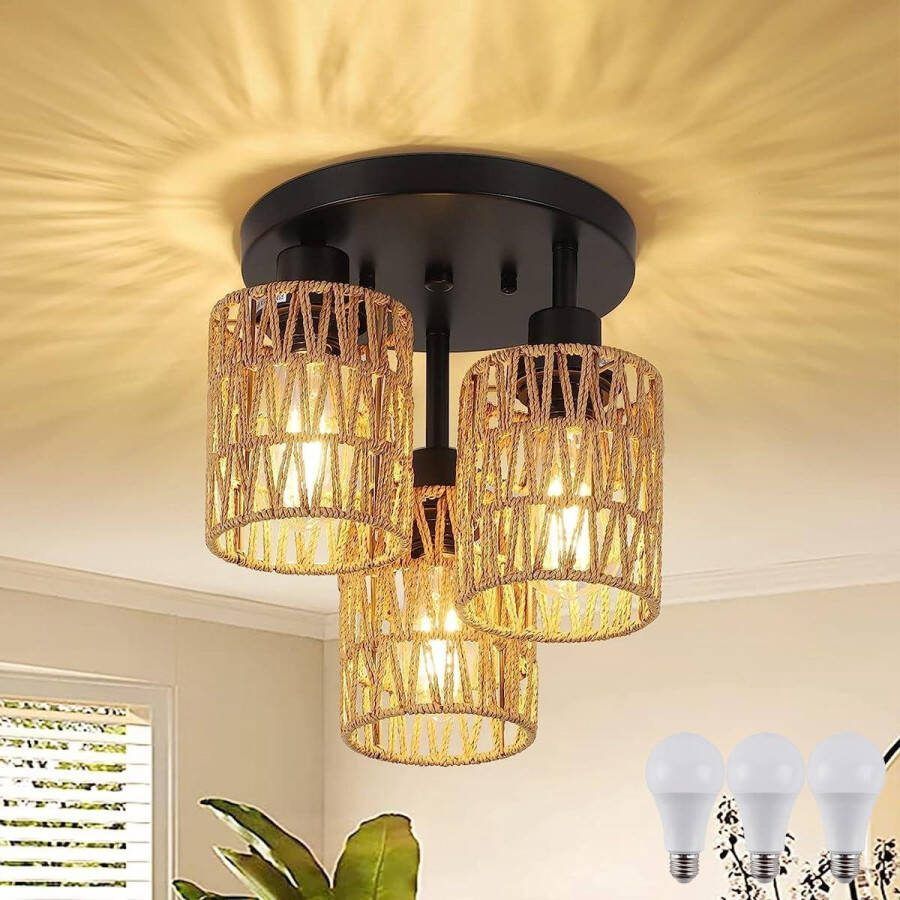 Handgemaakte Rotan Plafondlamp met E27 Fitting Geweven Henneptouw Boho Rieten Kroonluchter Bamboe Plafondlamp Nylon Touw Hanglamp Voor Slaapkamer Eetkamer Gang Handgemaakt rotan Plafondmontage