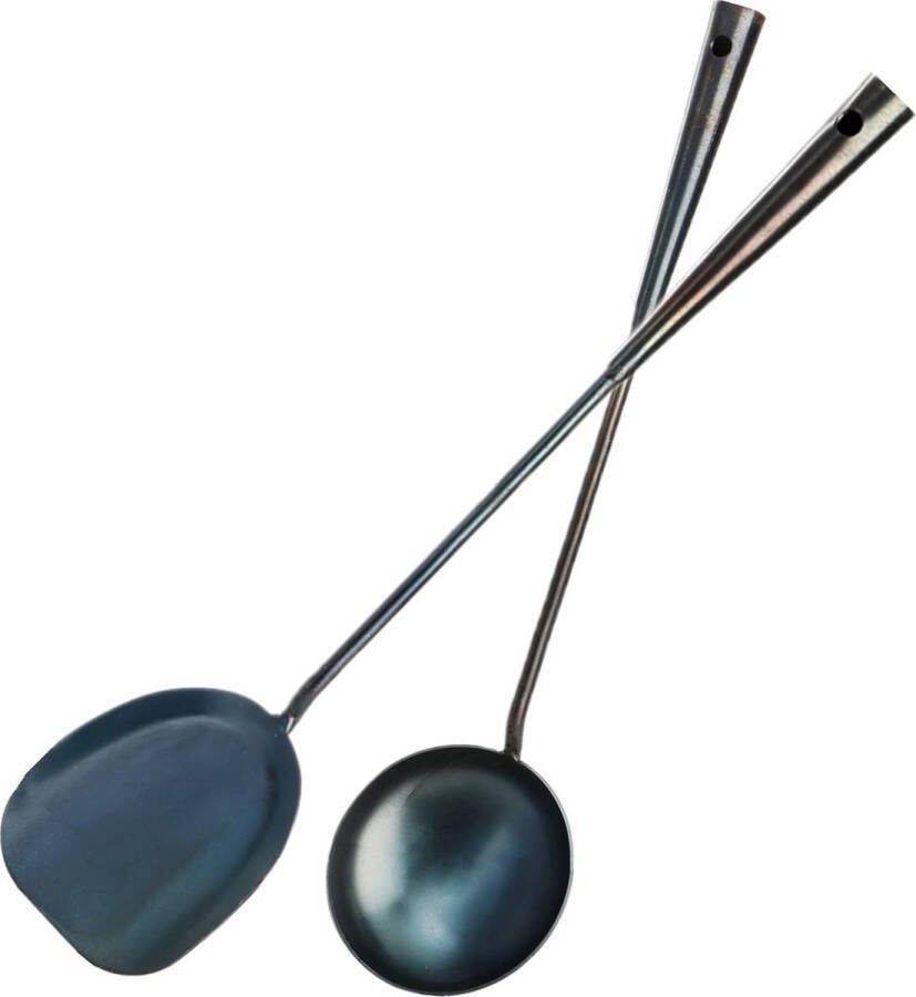 Handgemaakte spatel en pollepel Chinese traditionele ijzeren wokgereedschapset Lange wokgerei (40 cm spatel 45 cm pollepel)