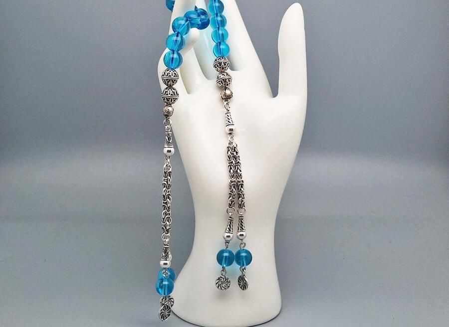 Handgemaakte tasbih gemaakt natuursteen Blauwe kwarts en 925 zilver Tassel Dubbel Aantal kralen 21 Diameter kralen 8 MM