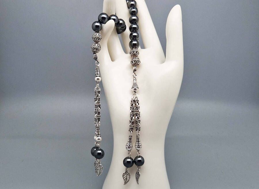 Handgemaakte tasbih gemaakt natuursteen Hematiet en 925 zilver Tassel Dubbel Aantal kralen 21 Diameter kralen 8 MM