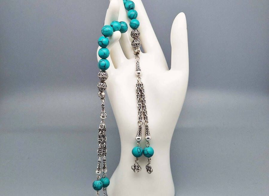 Handgemaakte tasbih gemaakt natuursteen Howliet groen en 925 zilver Tassel Dubbel Aantal kralen 21 Diameter kralen 8 MM