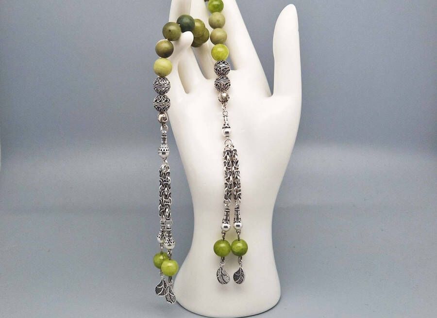 Handgemaakte tasbih gemaakt natuursteen Kraal Koreaanse jade en 925 zilver Tassel Dubbel Aantal kralen 21 Diameter kralen 8 MM