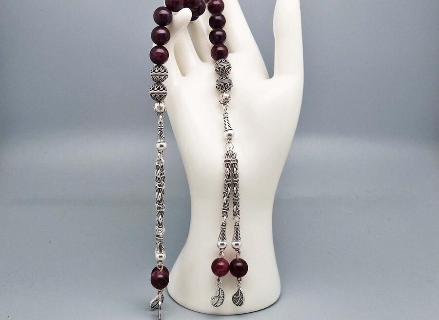 Handgemaakte tasbih gemaakt natuursteen Lepidolite en 925 zilver Tassel Dubbel Aantal kralen 21 Diameter kralen 8 MM