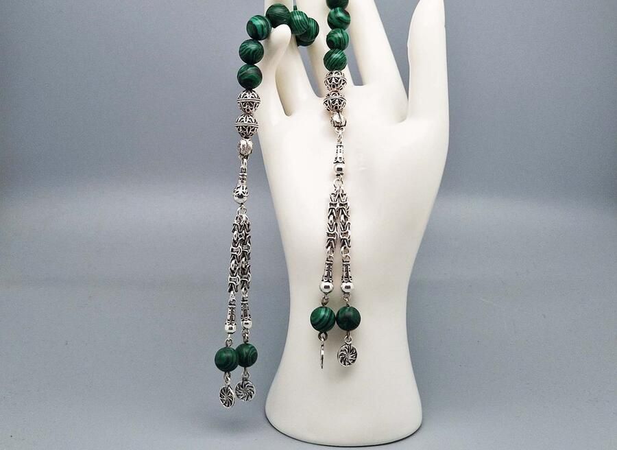 Handgemaakte tasbih gemaakt natuursteen Malachiet en 925 zilver Tassel Dubbel Aantal kralen 21 Diameter kralen 8 MM