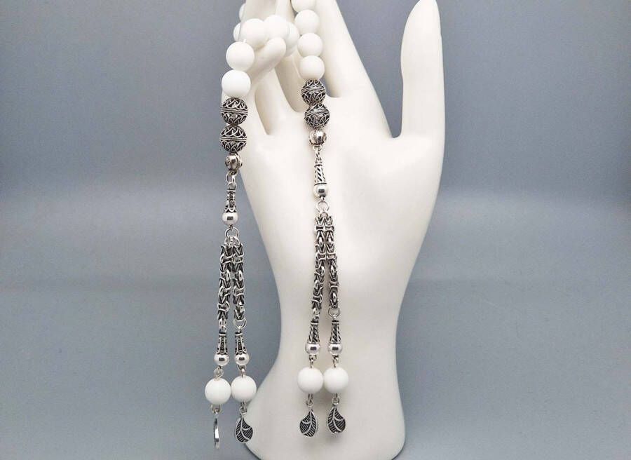 Handgemaakte tasbih gemaakt natuursteen Mat Witte agaat en 925 zilver Tassel Dubbel Aantal kralen 21 Diameter kralen 8 MM