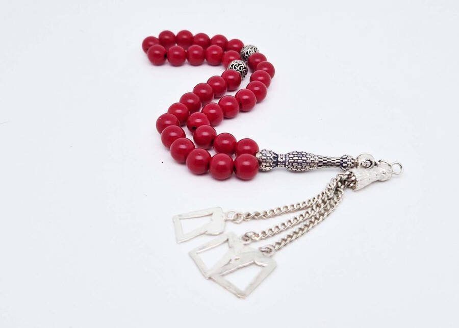 Handgemaakte Tesbih Natuursteen Bloedkoraal en 925 zilver met tassel Egypte kaart Aantal kralen 33 Diameter kralen 8 mm