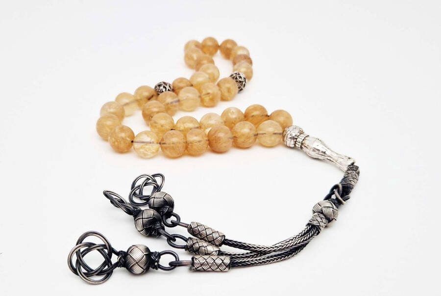 Handgemaakte Tesbih Natuursteen Citrine en 925 zilver met tassel Aantal kralen 33 Diameter kralen 10 mm