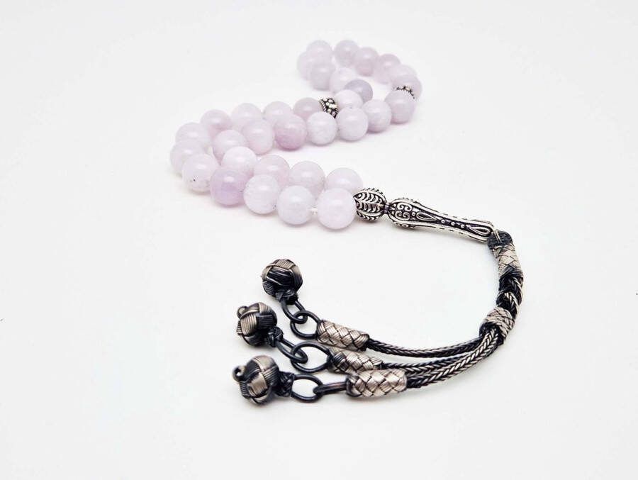 Handgemaakte Tesbih Natuursteen Roze kwartz en 925 zilver met tassel Aantal kralen 33 Diameter kralen 10 mm