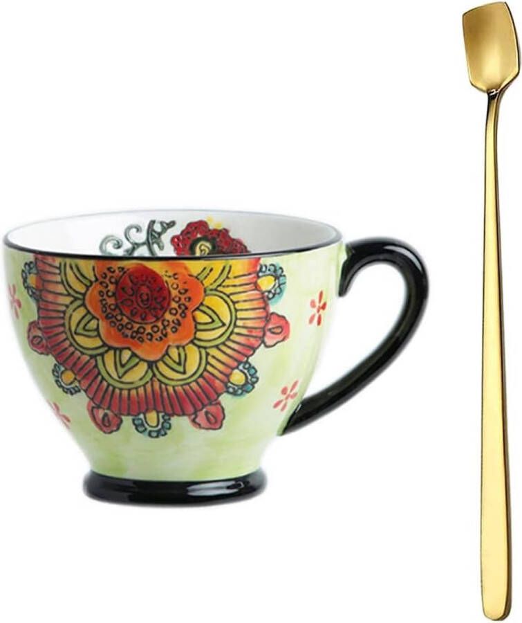 Handgeschilderde mok 350ml Flower Art kopje koffie kopje oud ontwerp hoge kwaliteit porseleinen mok met gouden lepel (geel)