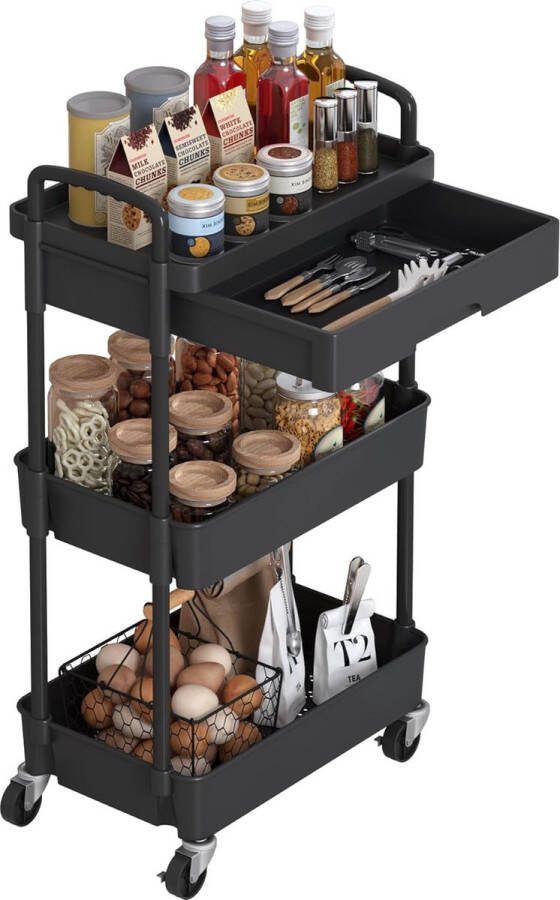 Handige 3-traps handwagen mobiele trolley met laden opbergwagen met kunststof planken geschikt voor kantoren keukens wasruimtes badkamers make-up zwart