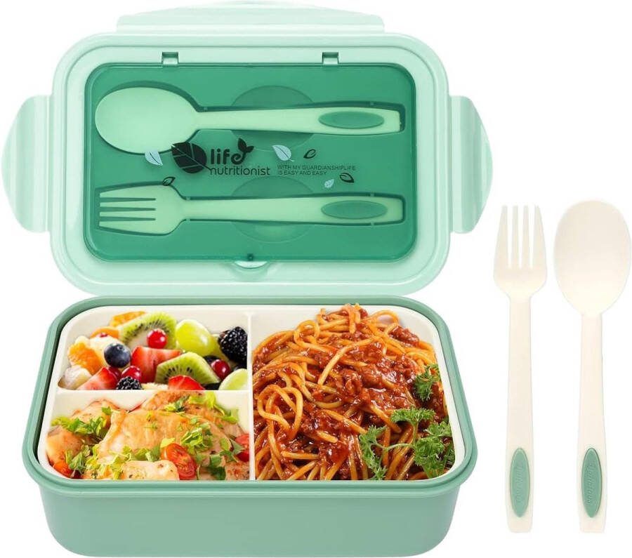 Handige Lunchbox met Drie Folders en Bestek voor Kinderen en Volwassenen Groen
