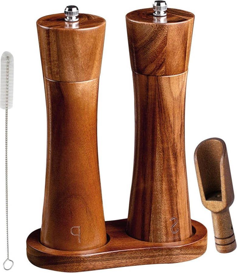Handmatige houten pepermolen en zoutmolen set keramische molen verstelbaar with onderzetter 20 cm set van 2