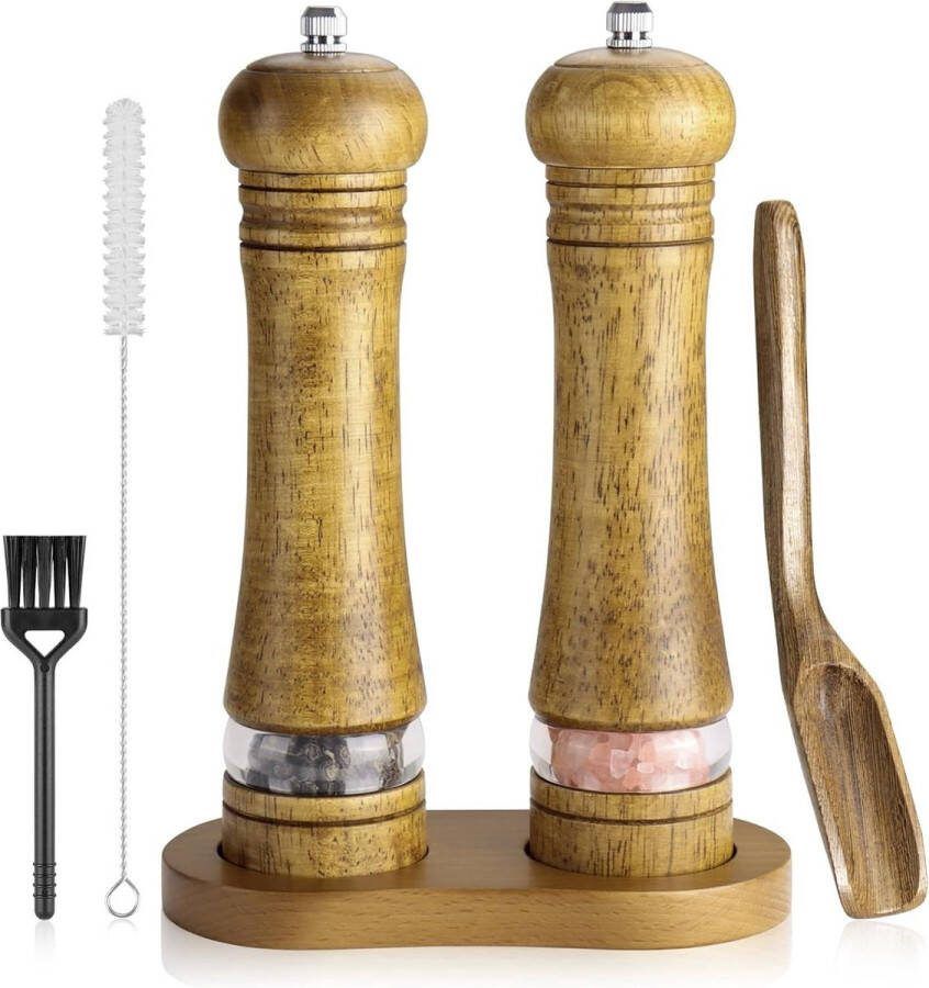 Handmatige houten zout- en pepermolen set van 2 inclusief onderzetter houten lepel en reinigingsborstel 215 cm stalen en keramisch maalwerk