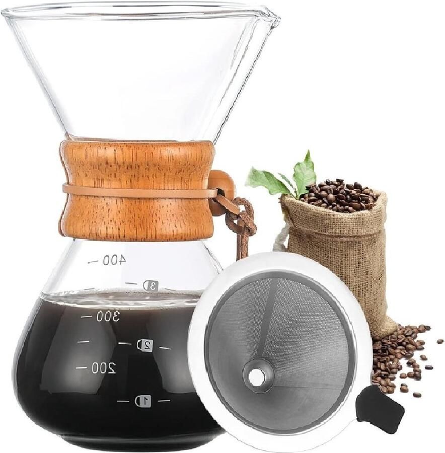 Handmatige Koffie Dripper Brewer 400ml met RVS Filter Borosilicaat Glas Karaf met Houten Mouw