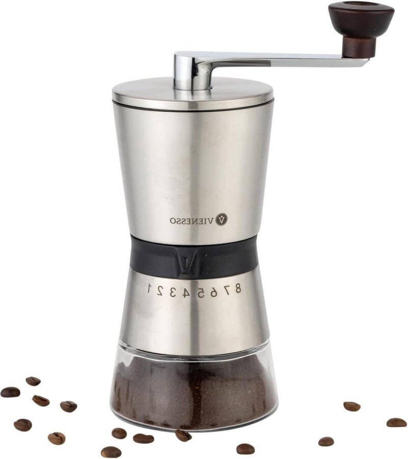Handmatige koffiemolen keramisch maalwerk 8 maalstanden roestvrij staal en glazen reservoir + e-book