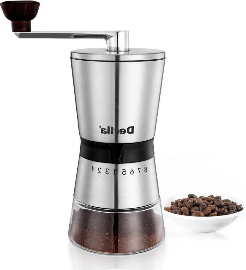 Handmatige Koffiemolen Verstelbare Maalgraad Handmolen van Roestvrij Staal en Glas (Zilver) met Derlla Elegante Ontwerp coffee grinder manual