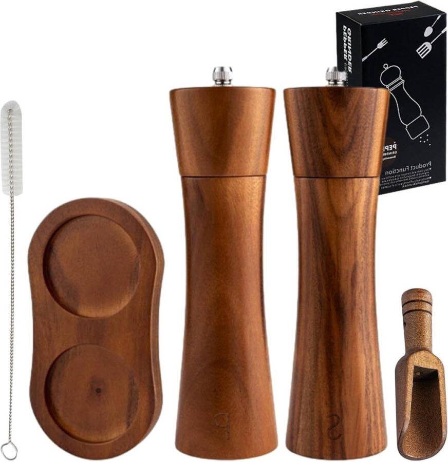 Handmatige kruidenmolen Pepermolen en zoutmolen set Keramische molen Verstelbaar Zout en peper molen Onderzetter Houten 20cm Set van 2
