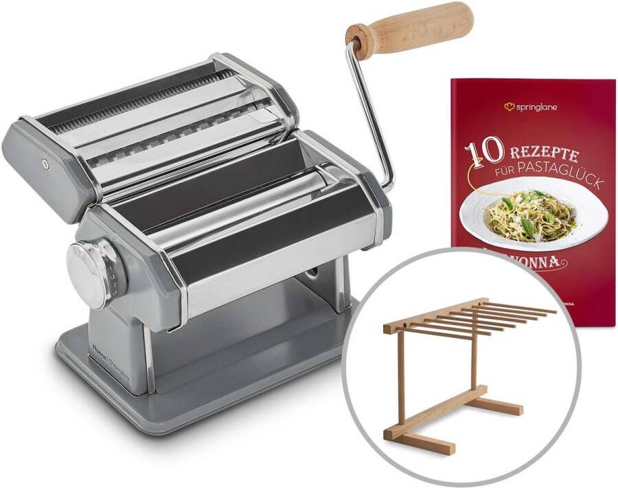 Handmatige noedelmachine Nonna roestvrij staal pastamaker incl. receptenboekje pastadroger en 3 snijopzetstukken voor spaghetti lasagne tagliatelle grijs
