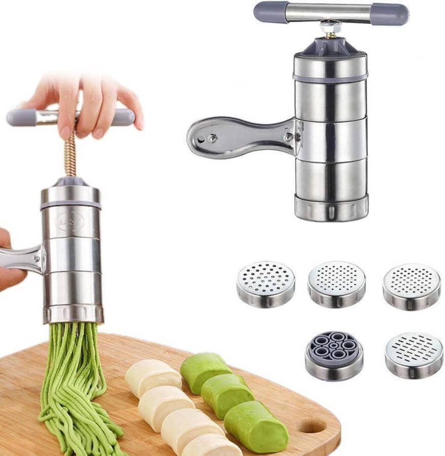 Handmatige pastamachine van roestvrij staal Draagbare spaghettimachine met 5 vormen Vers pastamachine voor thuis of restaurant 18x135x9 cm