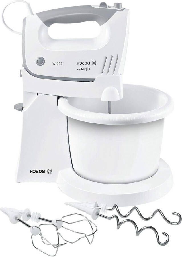 Handmixer 450 Watt met roterende mengkom Inclusief gardes en deeghaken Vijf snelheden en turbofunctie Wit grijs