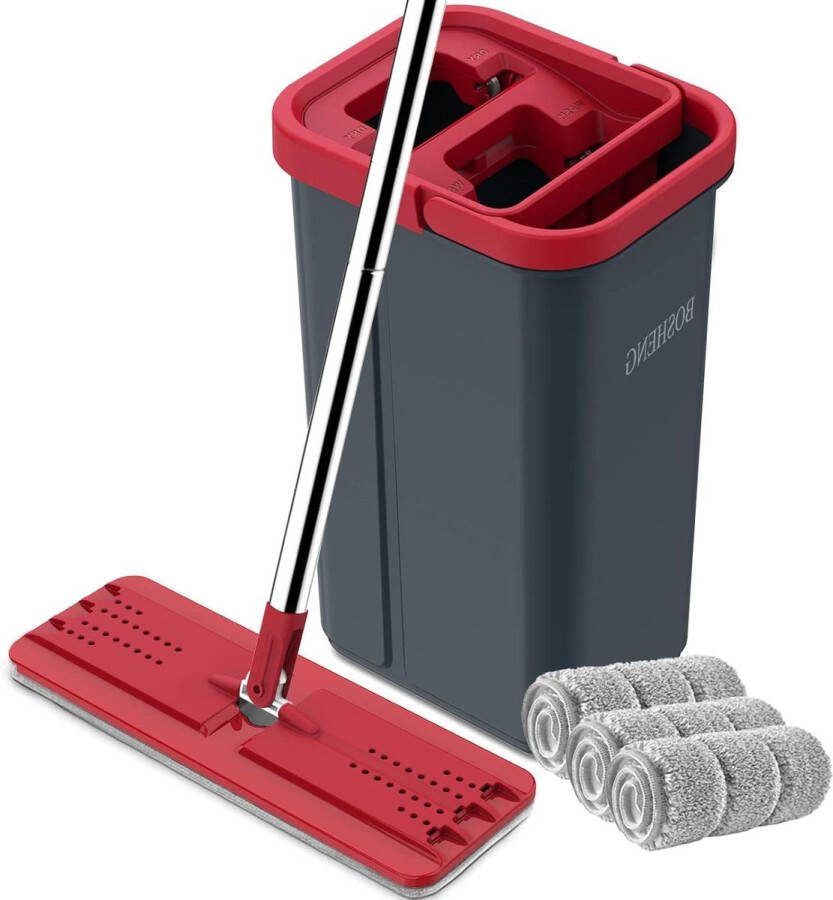 Handsfree platte dweil en emmer met wringer set inclusief 3 wasbare microvezelpads nat en droog gebruik zwart en rood