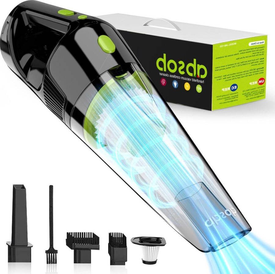 Handstofzuiger Oplaadbaar Draadloos met LED-Licht en 2 Filters Voor Auto Haren Kruimels Mijten Groen
