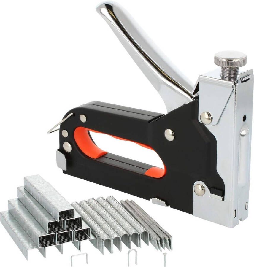 Handtacker met accessoires Krachtige tooltacker met instelbaar schietvermogen Inclusief drie soorten tacknagels (01 stuks zilverkleurig zwart)