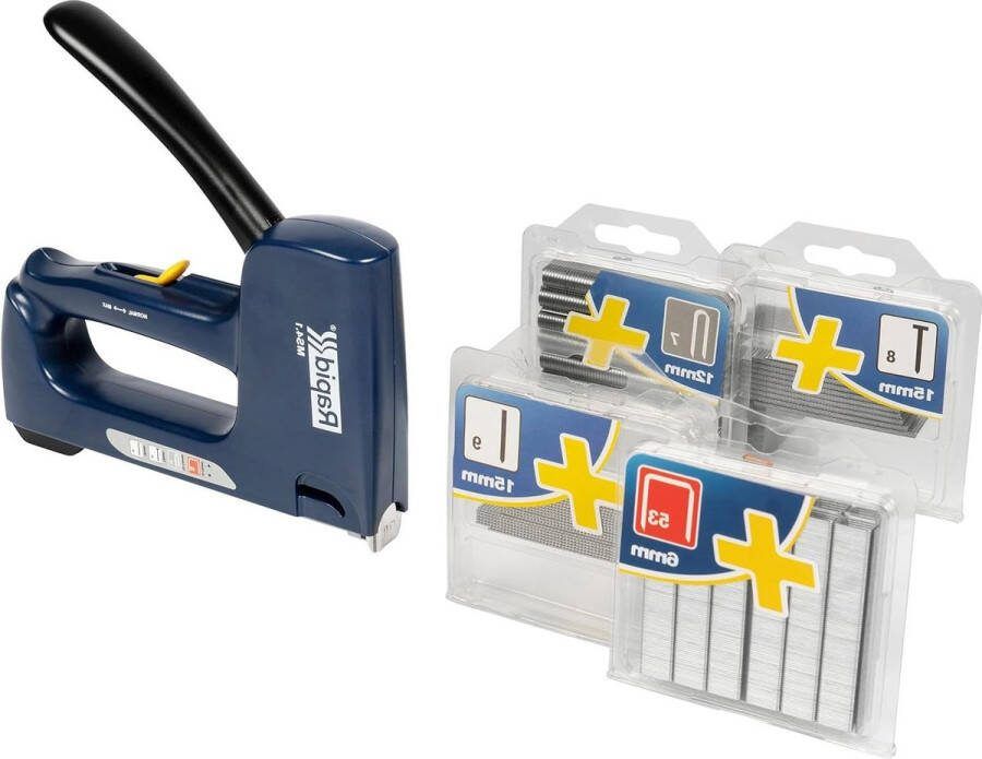 Handtacker Nietpistool voor Hout en Stof 4in1 Set Inclusief Nieten Kabelnieten Brads en Stiften Blauw