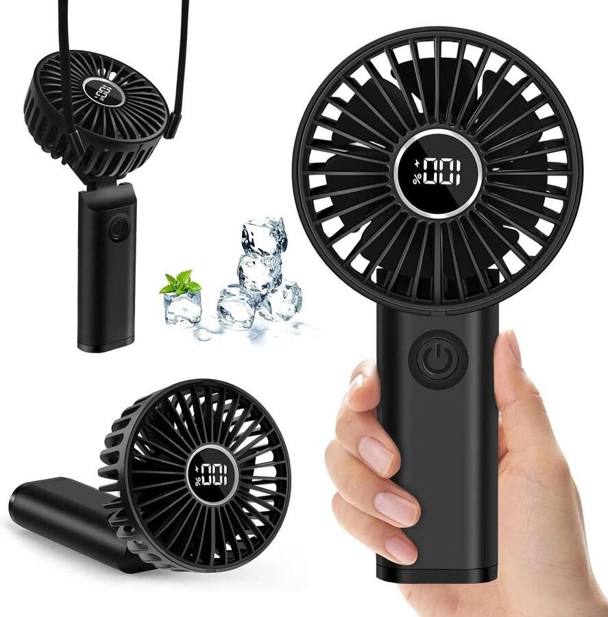 Handventilator oplaadbaar mini-stil USB C accu 3600 mAh 6 snelheden opvouwbaar draagbaar powerbank zwart Handventilator