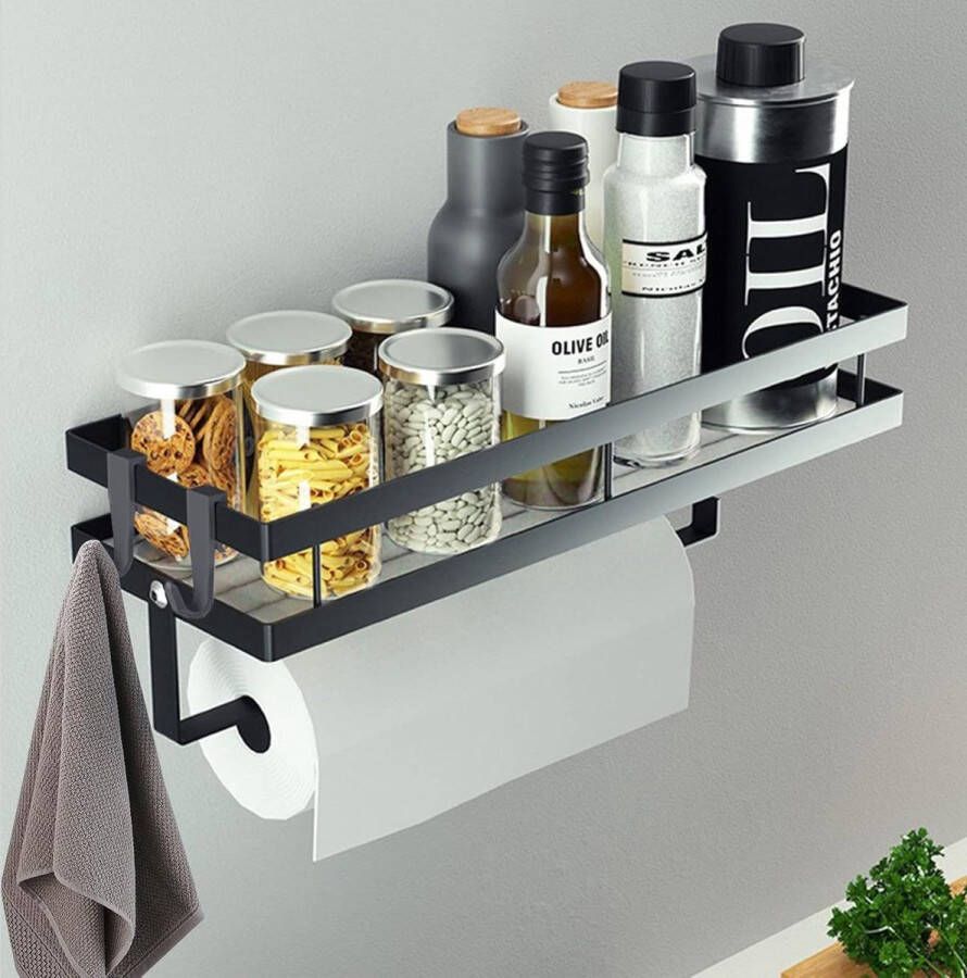 Hangend kruidenrek keukenwandrek kruidenrek zonder boren keukenrolhouder 4 haken keukenlade-organizer keukengereihouder 35 cm zwart