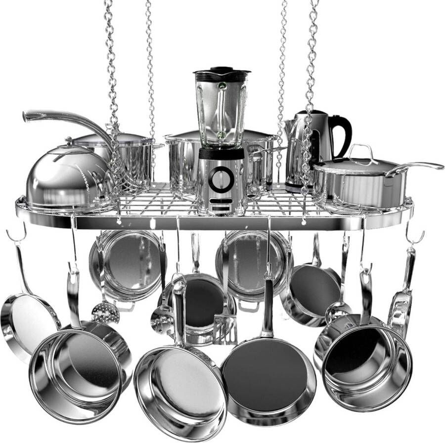 Hangend Pottenrek voor Pot en Pan Plafondrek Gemonteerd Kookgerei Opbergrek Pannenrek Hangende Organizer met 15 Haken (83x43cm) voor Keuken Organisatie Opslag