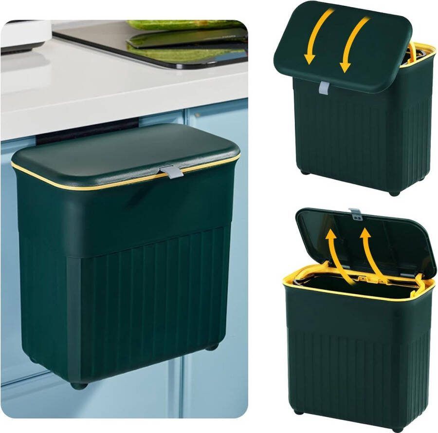 Hangende afvalemmer keuken met deksel 9 liter bio-afvalbak kleine afvalbak wandmontage plastic compostemmer geurdicht afvalbak deur om op te hangen voor camper keukenkast (groen)