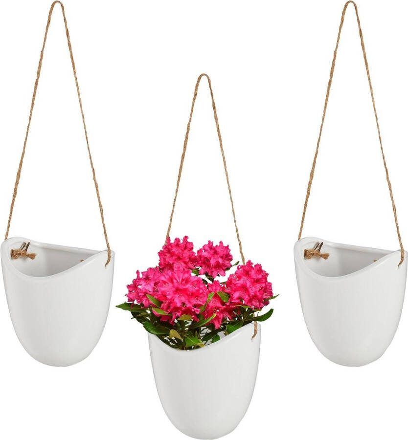 Hangende bloempot set van 3 Plantenhanger muur binnen met touw Planten bloemen keramiek wandvaas wit Flower Hanger