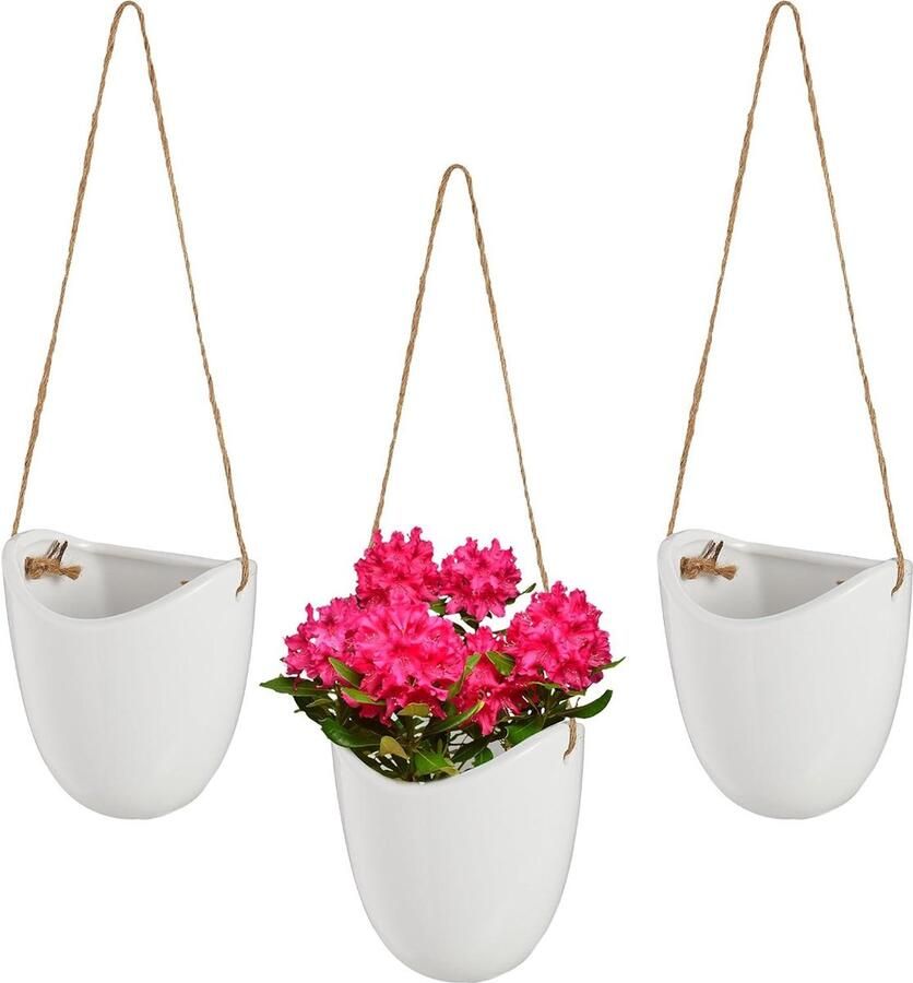 Hangende bloempot set van 3 plantenhanger muur binnen met touw planten en bloemen keramiek wandvaas wit