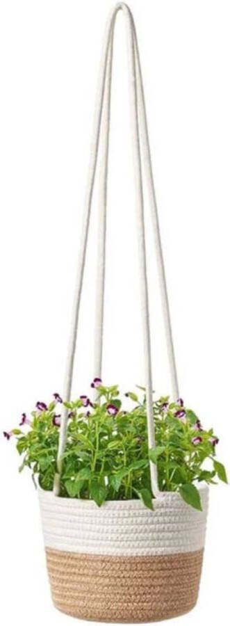Hangende bloempotten 20 cm zeegras plantenpot hangende plantenmand natuurlijk katoen handgeweven bloemenhanger plantenhanger met lang hangend touw voor binnen en buiten (groot)
