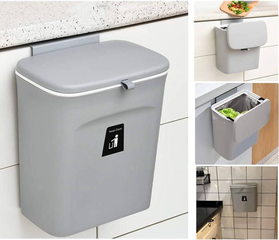 Hangende Compostbak voor Keuken 9L Onder Gootsteen Prullenbak met Deksel Compact en Gemakkelijk te Installeren voor Badkamer en Slaapkamer Grijs