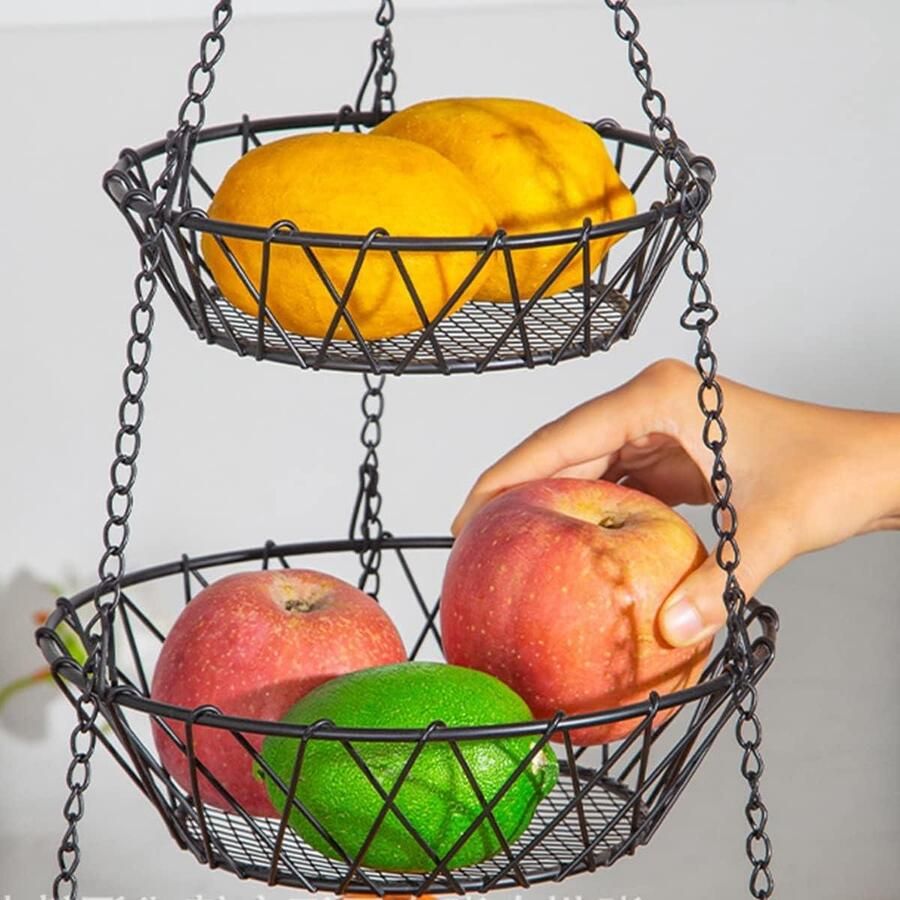 Hangende fruitmand 3 etages metaal zwart fruitopslag en decoratie verstelbaar en afneembaar