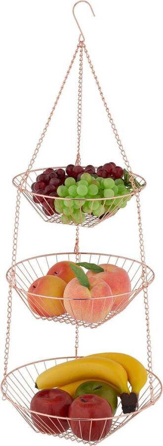 Hangende fruitmand 73 x 28 cm 3 lagen staal hangmand voor fruit & groente fruitschaal etagère koper