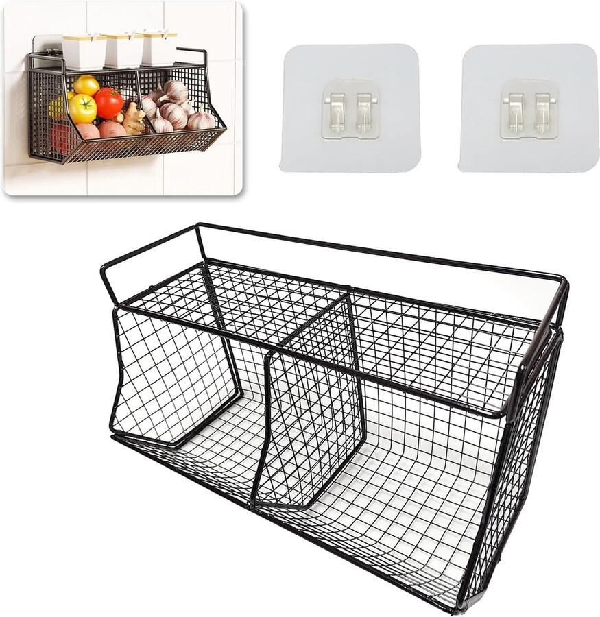 Hangende fruitmand met 2 etages metalen fruitmand voor aan de muur boren stapelbaar en wandmontage hangend voor het bewaren van groenten fruit en snacks