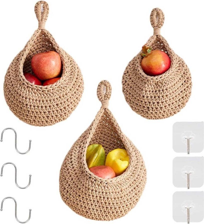 Hangende fruitmand voor de keuken 3 stuks gevlochten hangmanden van katoenen touw boho wandmand