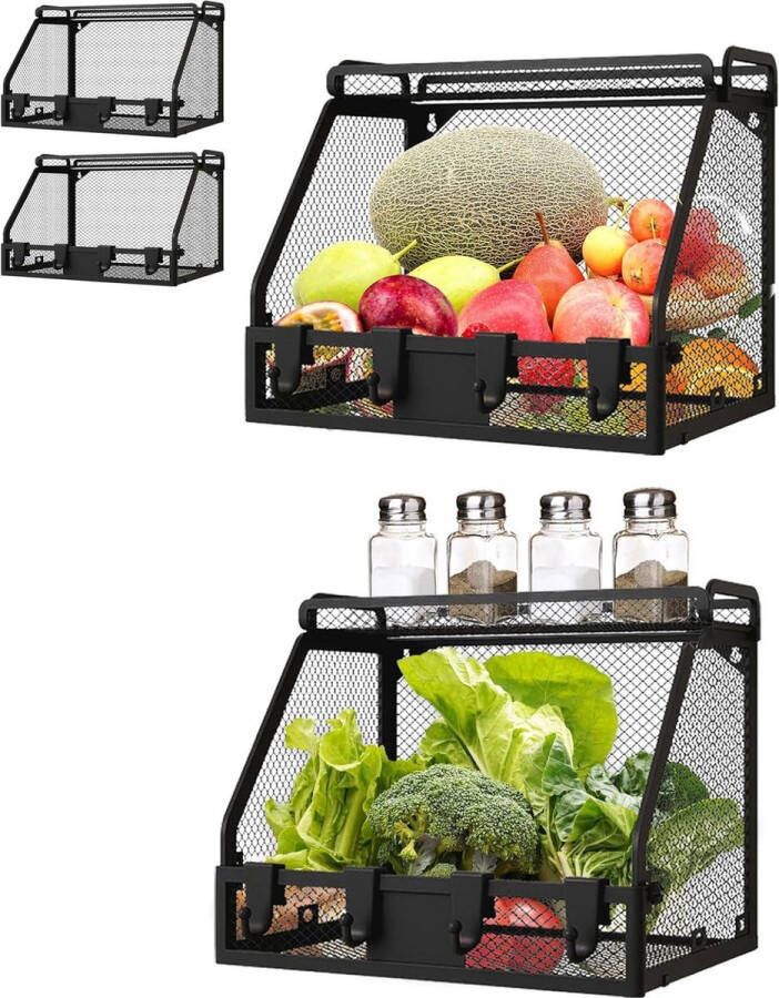 Hangende fruitmanden set van 2 Metalen draadmanden voor keukenopslag Wandmontage opbergrek voor snacks en groenten