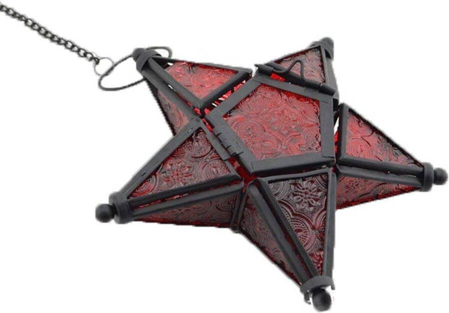 Hangende gekleurde vijfsterrenkaarsenhouder van glas ijzeren kaarsenhouder kaarsenhouderornament voor het diner rood
