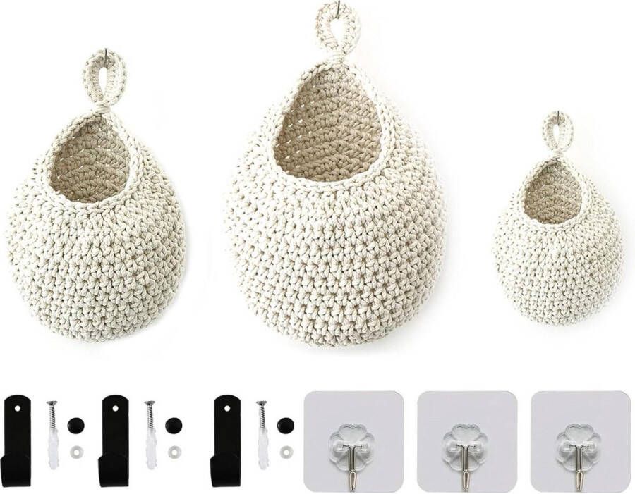 Hangende manden fruitmand handgeweven traanvormige hangmanden set van 3 Voor aan de muur Groente- en fruitmand Wandmand keukenmand voor knoflook fruit groenten wit