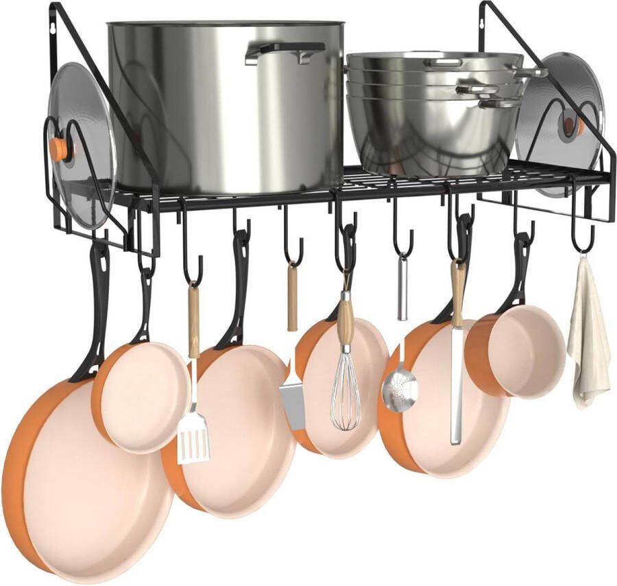 Hangende pannenrek 12 haken 2 dekselhouders robuuste stalen pannenhanger voor keuken kookgerei gebruiksvoorwerpen ophangrek keukengerei