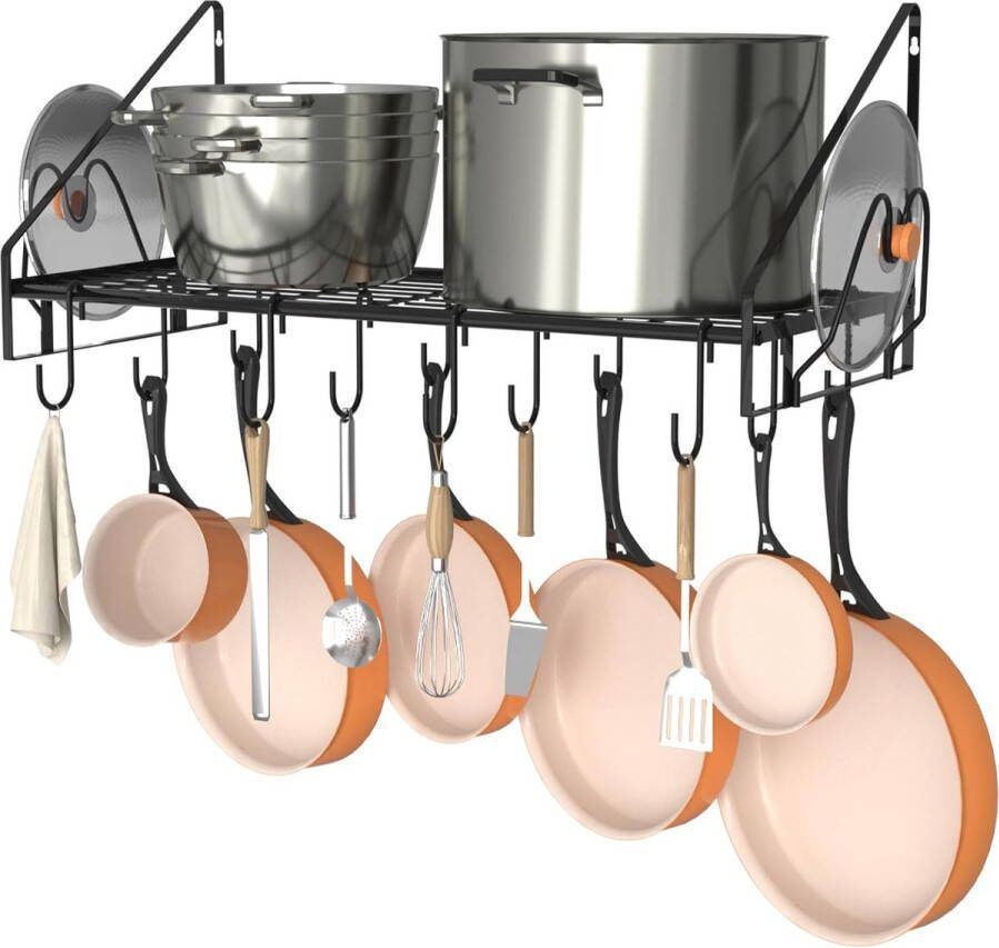 Hangende pannenrek potten en pannen organizer wandmontage met 12 haken en 2 dekselhouders robuuste stalen pannenhanger voor keuken kookgerei gebruiksvoorwerpen