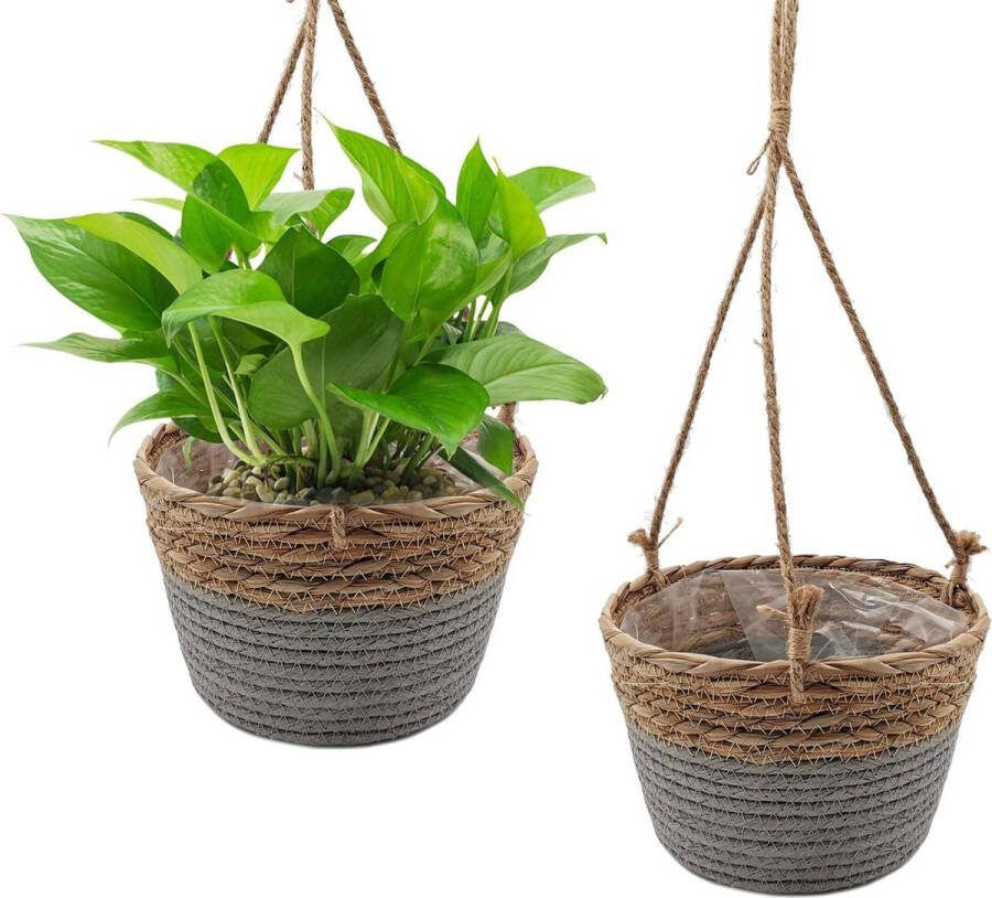 Hangende plantenmand 2 stuks boho bloemenhanger 20 cm handgeweven planten plantenbak hangpot mand natuurlijke plantenmand hanglamp plantenhanger grijs