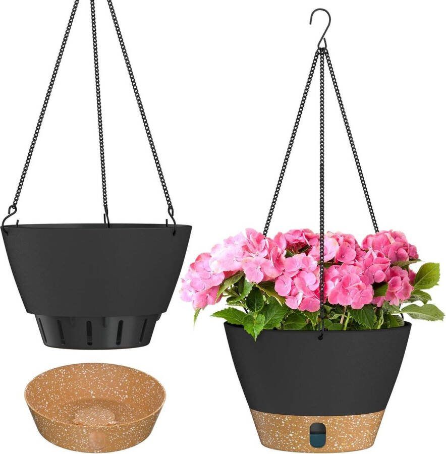 Hangende Plantenpot 20 cm Tuinornamenten Bloempotten Zichtbaar Waterpeil Drainagegaten Verwijderbare Schotel Binnen Buiten Planten Donkergrijs Set van 2