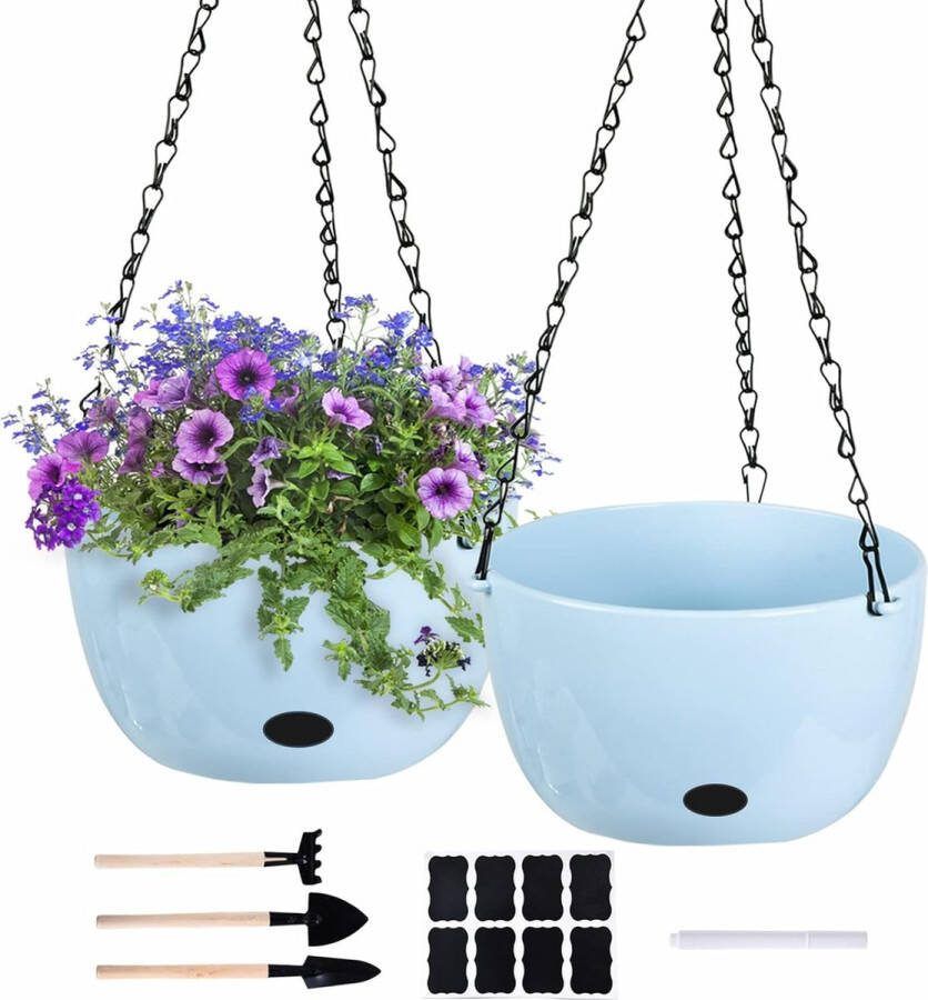 Hangende plantenpot set van 2 20 cm zelfbewatering bloemenhangers met kettingen hangende plantenpot hangende plantenpot bloemenhangers om op te hangen voor binnen en buiten balkon plantenbak decoratie (blauw)
