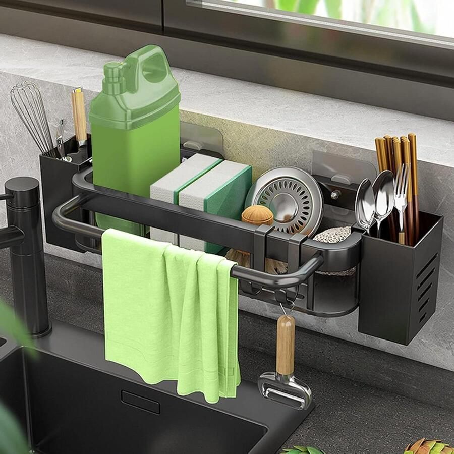 Hangende roestvrijstalen gootsteenorganizer met 2 lijmstroken keukencaddy houder plank keukenspoelbak-organizer met handdoekhouder en haken