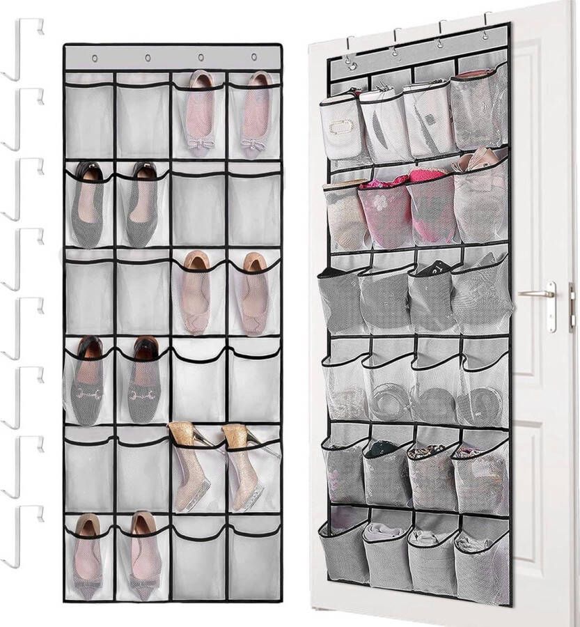 Hangende Schoenenzak Opbergrek met 24 netvakken en 8 deurhaken Schoenenrek voor Deur en Kast Hangende Organizer voor Slaapkamer en Kinderkamer Schoenenzak hangende